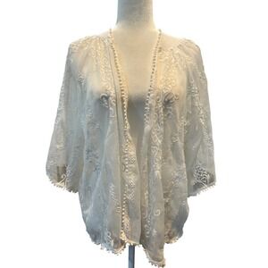 eoie XS Ivory Lace Sheer‎ Lightweight Open Front Kimono Cover Up Boho Chic